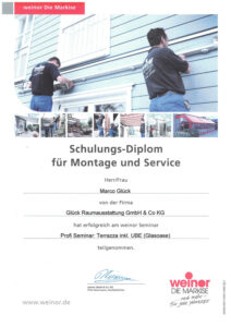 Schulungsdiplom Montage und Service Weinor Dresden Glück Raumausstattung